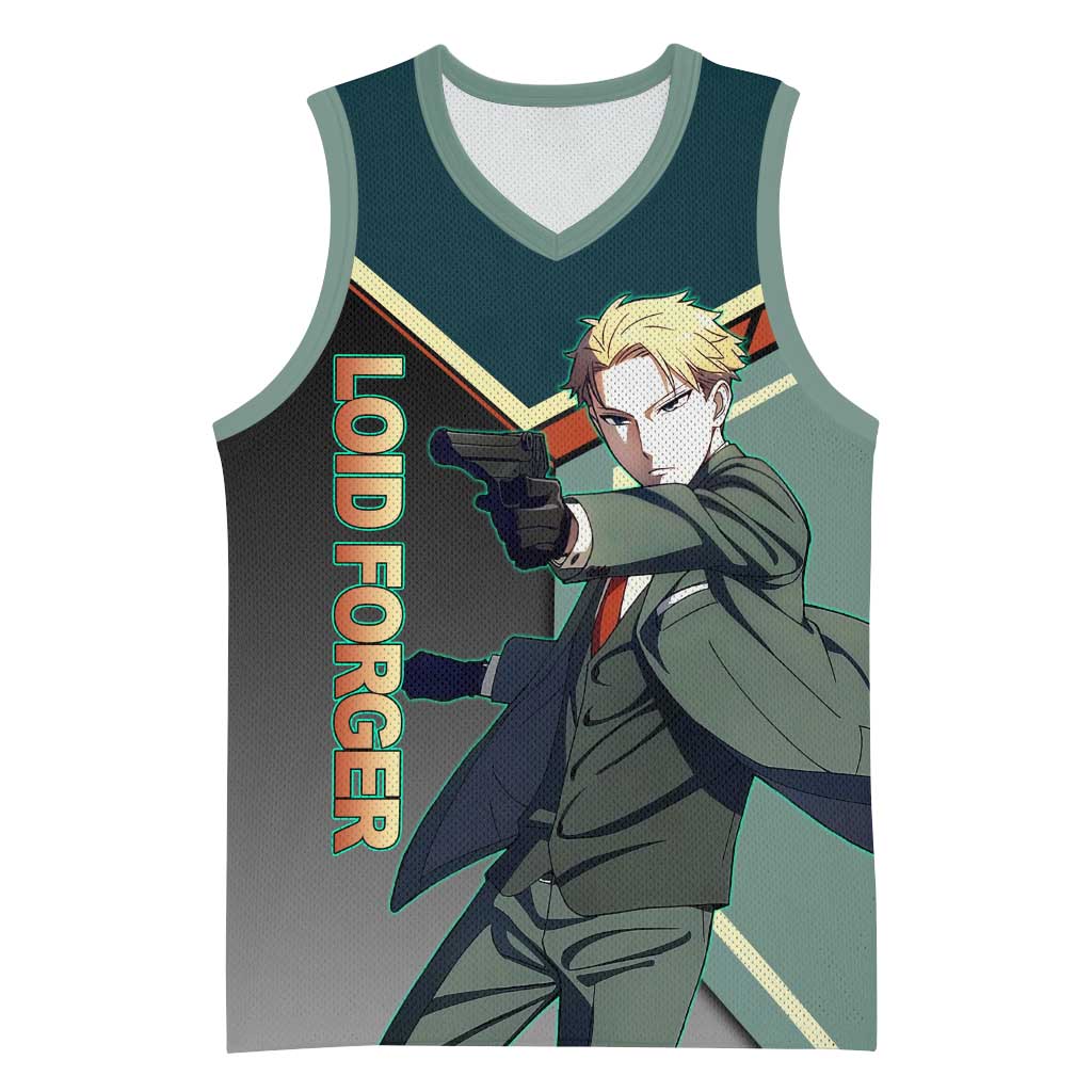 Loid Forger Spy x Family Green and Black Theme Basketball Jersey with Gun Pose and Sharp Agent Style Design - The Mazicc
