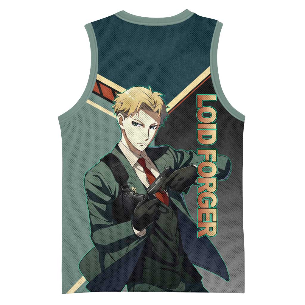 Loid Forger Spy x Family Green and Black Theme Basketball Jersey with Gun Pose and Sharp Agent Style Design - The Mazicc
