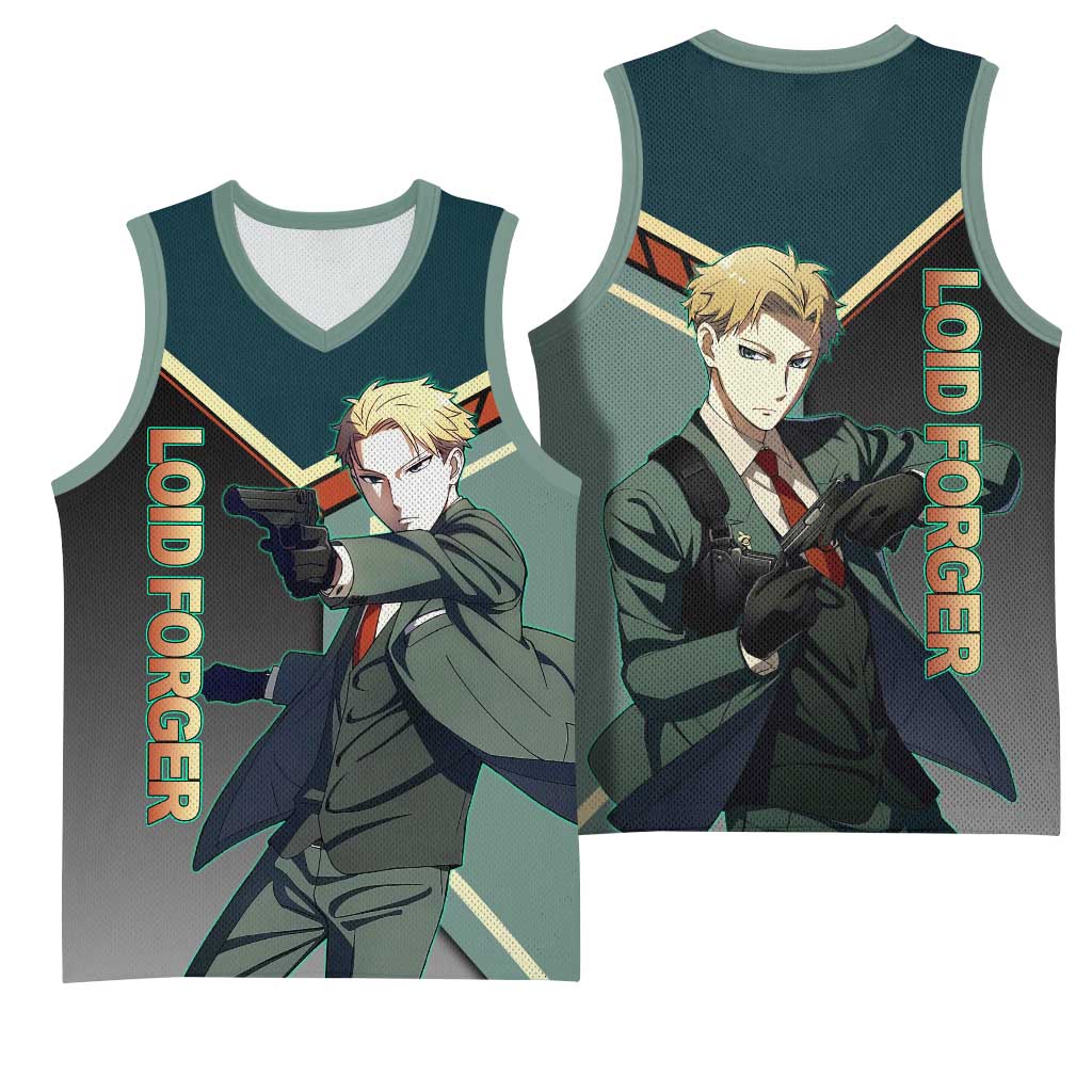 Loid Forger Spy x Family Green and Black Theme Basketball Jersey with Gun Pose and Sharp Agent Style Design - The Mazicc