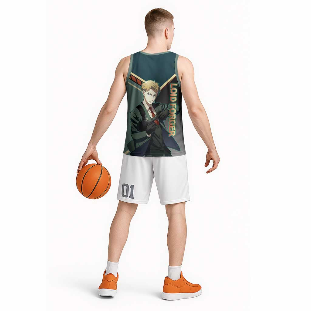 Loid Forger Spy x Family Green and Black Theme Basketball Jersey with Gun Pose and Sharp Agent Style Design - The Mazicc