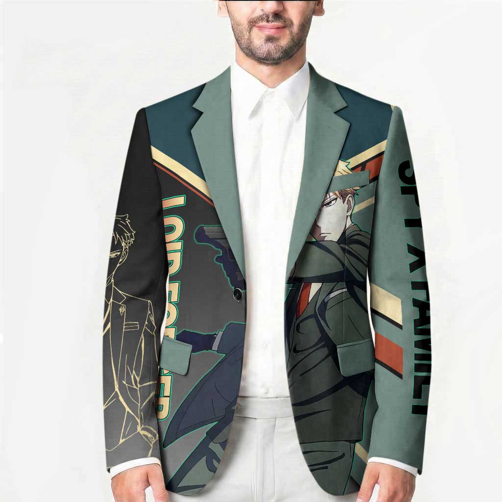 Loid Forger Spy x Family Green and Black Theme Blazer with Gun Pose and Sharp Agent Style Design - The Mazicc