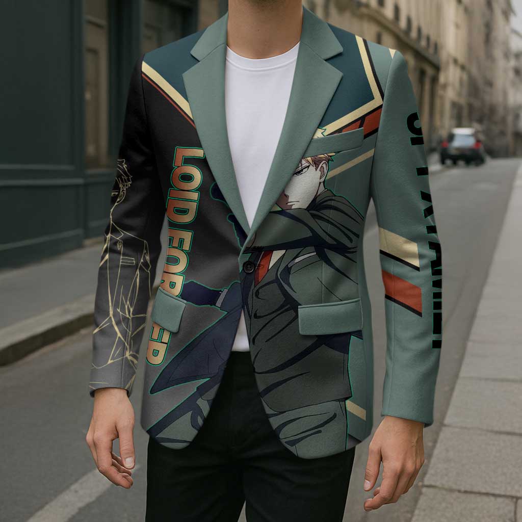 Loid Forger Spy x Family Green and Black Theme Blazer with Gun Pose and Sharp Agent Style Design - The Mazicc