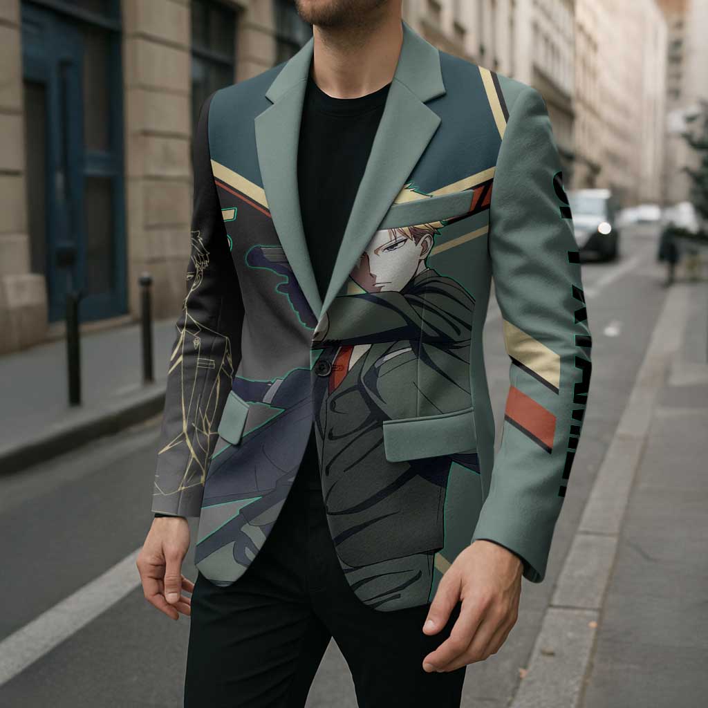 Loid Forger Spy x Family Green and Black Theme Blazer with Gun Pose and Sharp Agent Style Design - The Mazicc