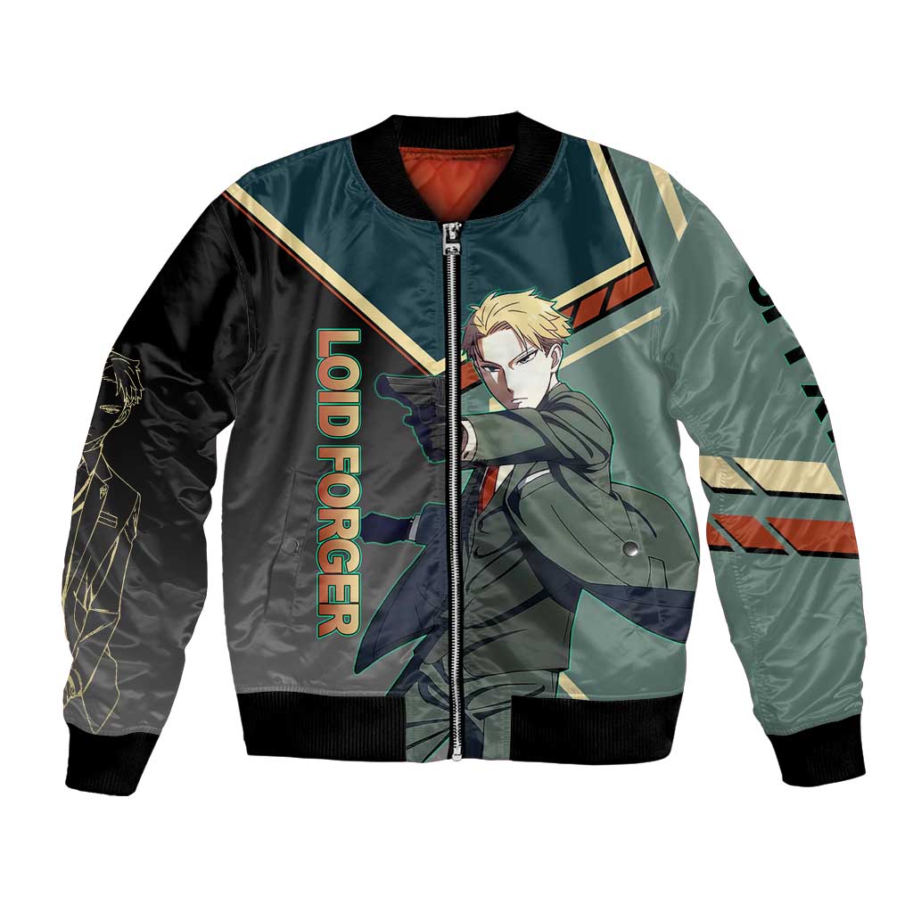 Loid Forger Spy x Family Green and Black Theme Bomber Jacket with Gun Pose and Sharp Agent Style Design - The Mazicc