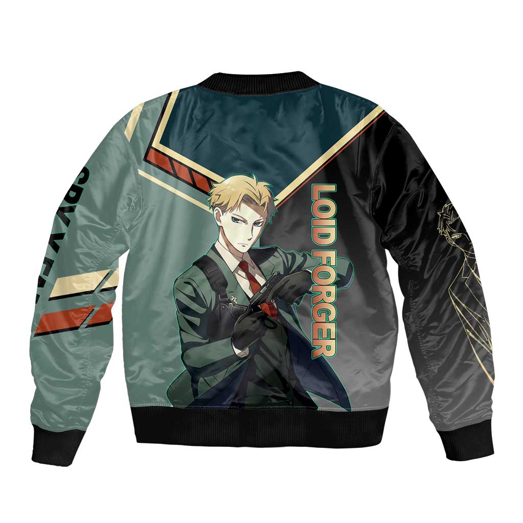 Loid Forger Spy x Family Green and Black Theme Bomber Jacket with Gun Pose and Sharp Agent Style Design - The Mazicc