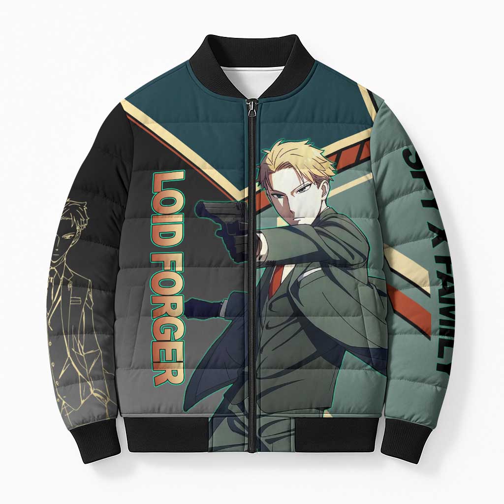 Loid Forger Spy x Family Green and Black Theme Bomber Puffer Jacket with Gun Pose and Sharp Agent Style Design - The Mazicc