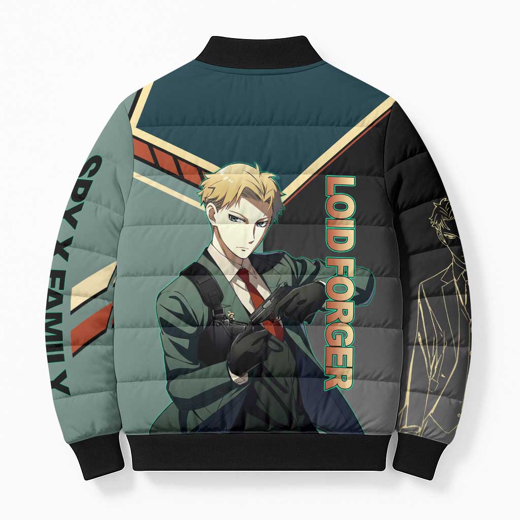 Loid Forger Spy x Family Green and Black Theme Bomber Puffer Jacket with Gun Pose and Sharp Agent Style Design - The Mazicc