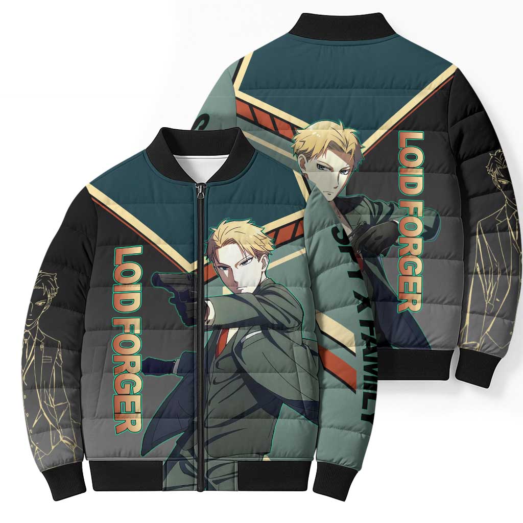 Loid Forger Spy x Family Green and Black Theme Bomber Puffer Jacket with Gun Pose and Sharp Agent Style Design - The Mazicc