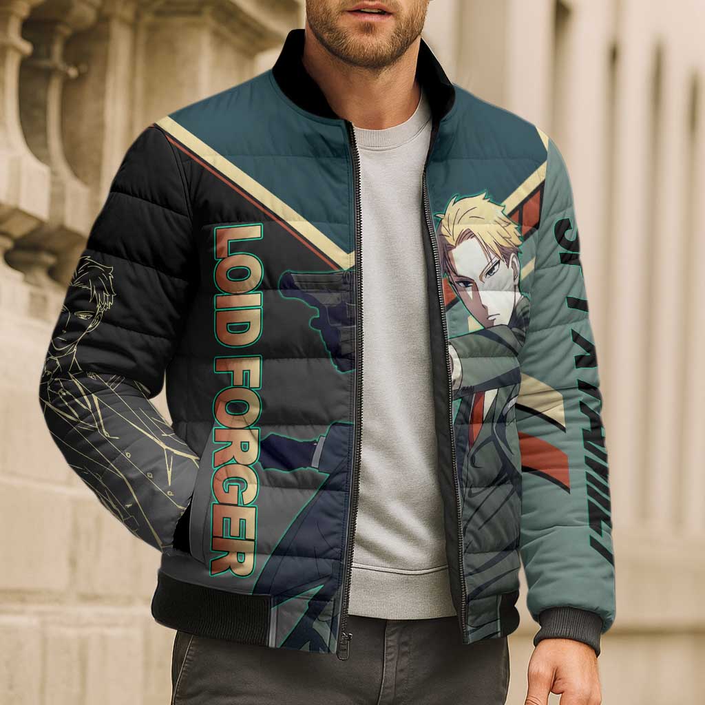 Loid Forger Spy x Family Green and Black Theme Bomber Puffer Jacket with Gun Pose and Sharp Agent Style Design - The Mazicc