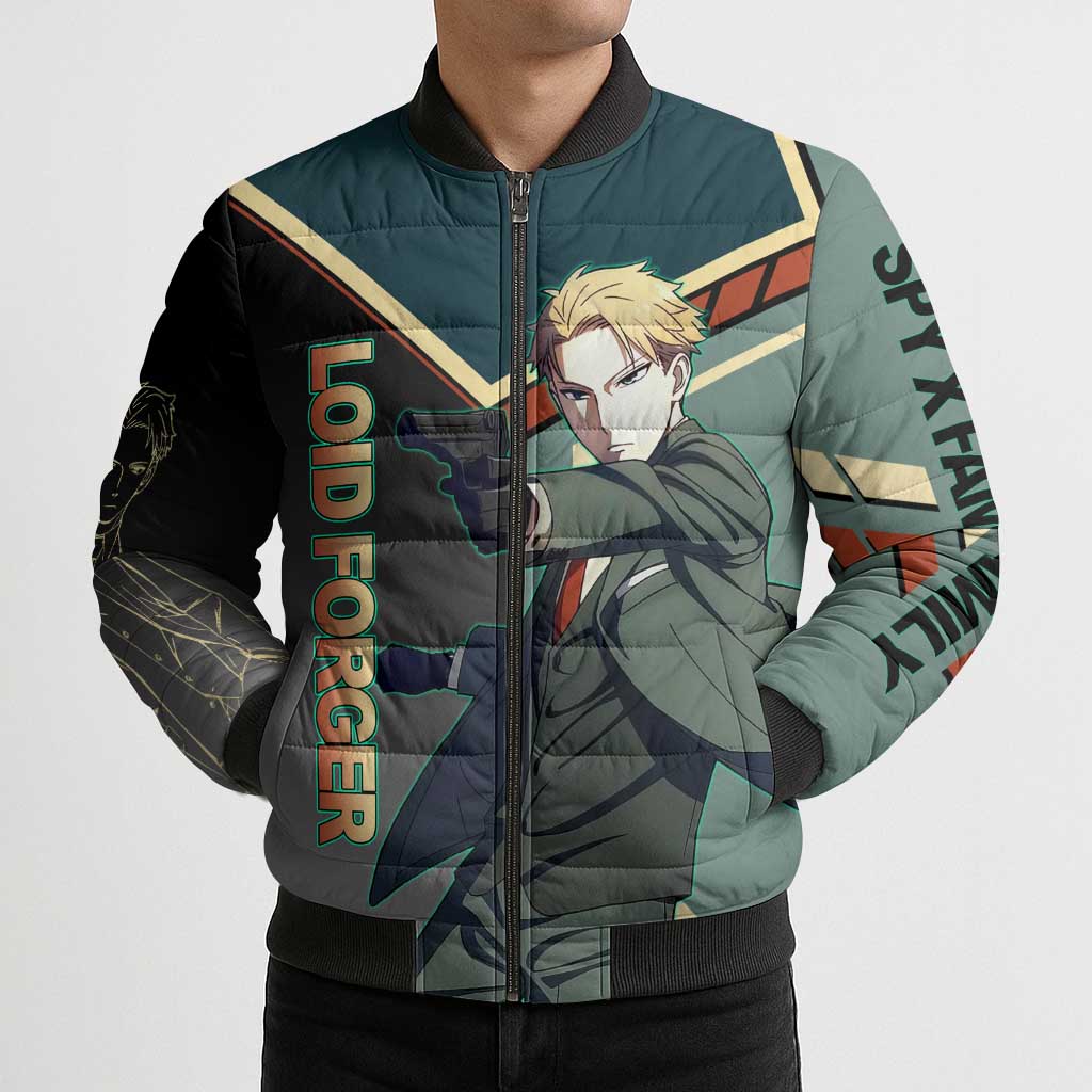 Loid Forger Spy x Family Green and Black Theme Bomber Puffer Jacket with Gun Pose and Sharp Agent Style Design - The Mazicc