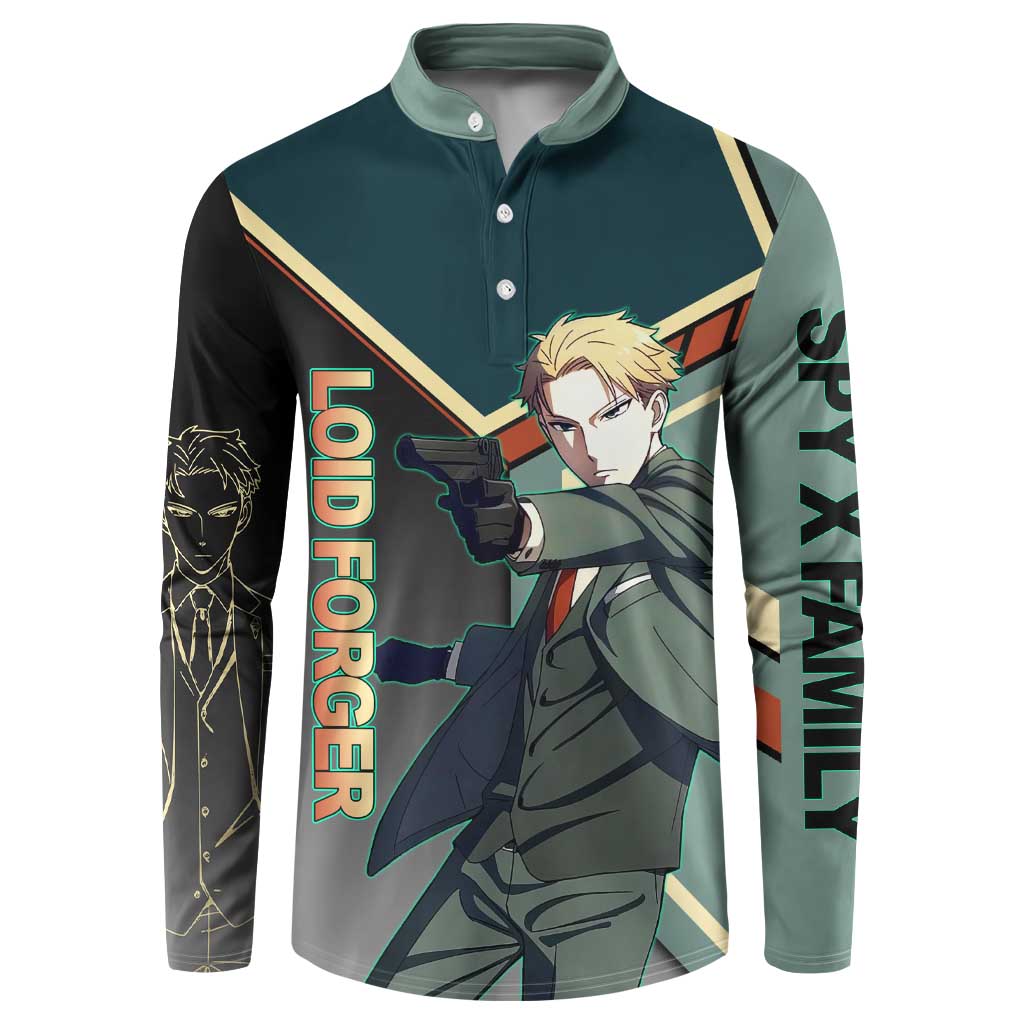 Loid Forger Spy x Family Green and Black Theme Button Sweatshirt with Gun Pose and Sharp Agent Style Design - The Mazicc