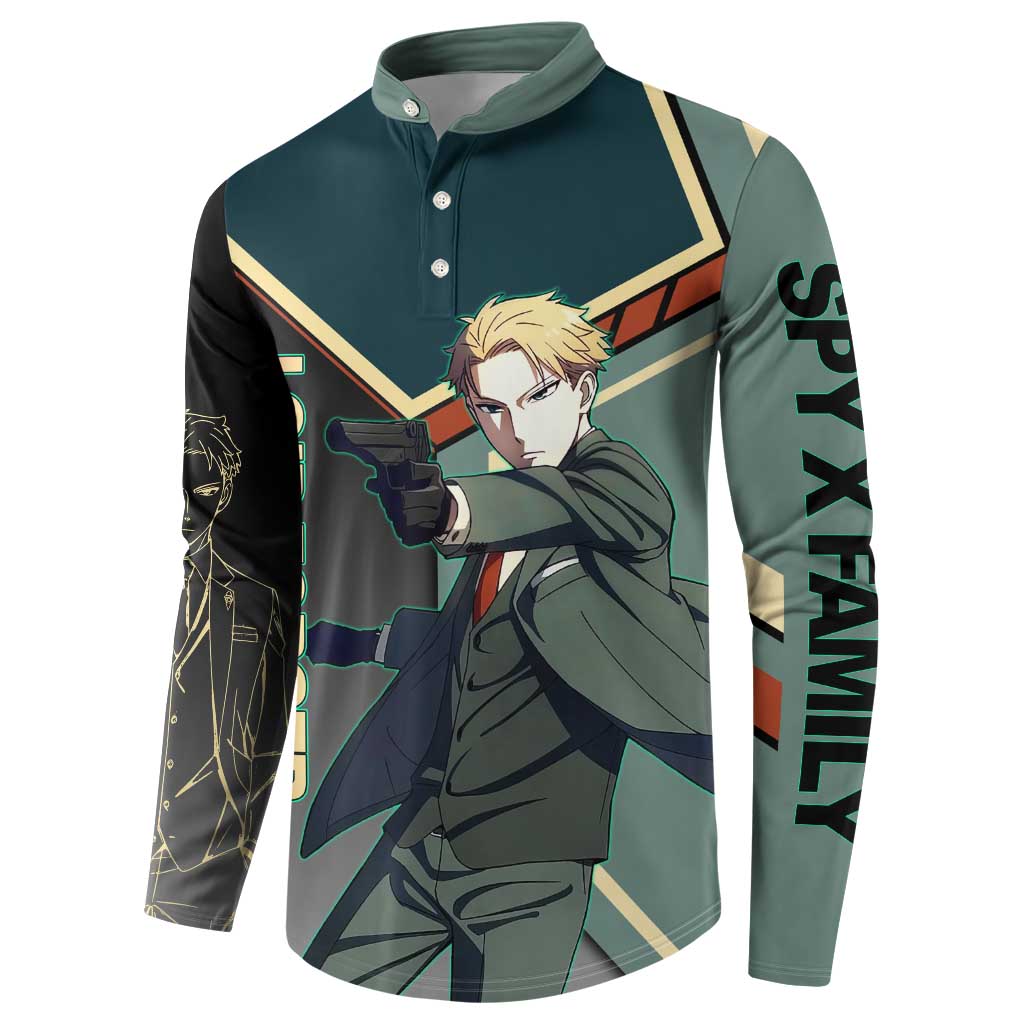 Loid Forger Spy x Family Green and Black Theme Button Sweatshirt with Gun Pose and Sharp Agent Style Design - The Mazicc