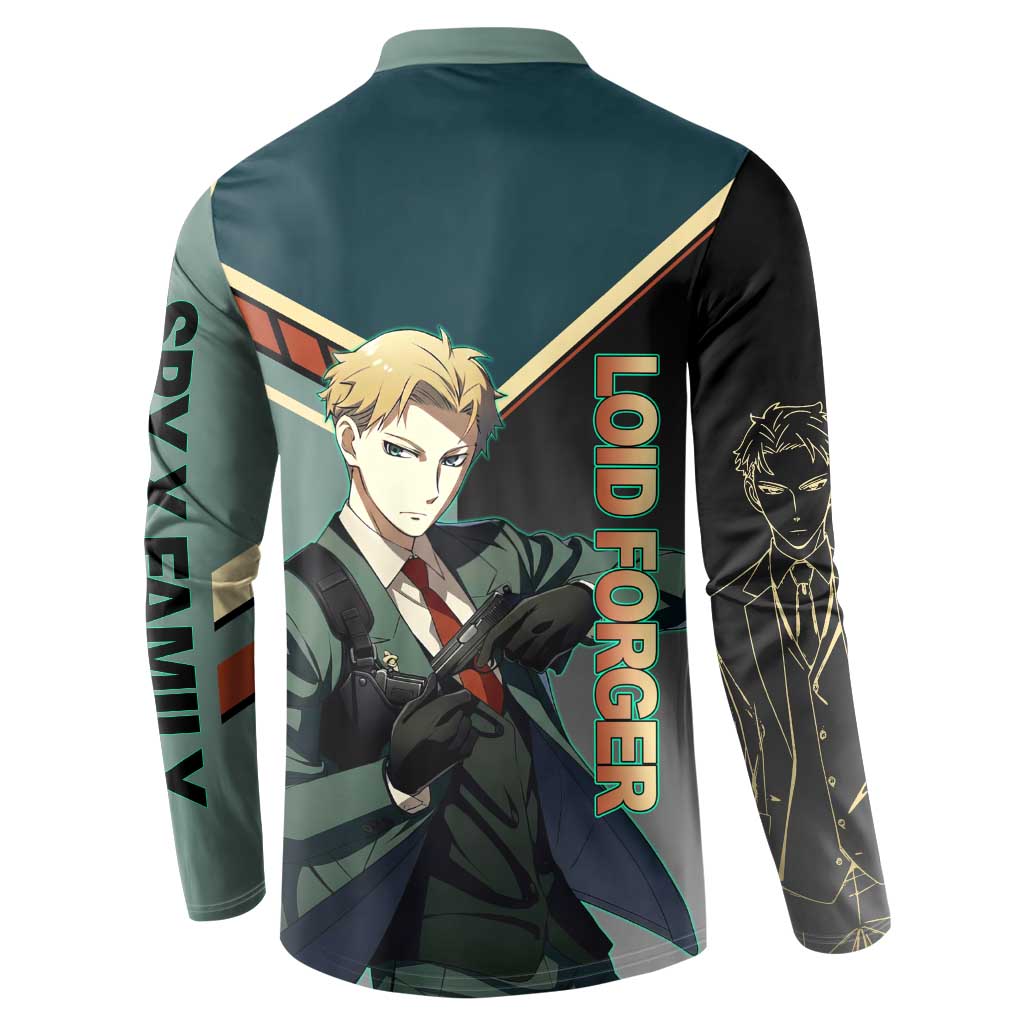 Loid Forger Spy x Family Green and Black Theme Button Sweatshirt with Gun Pose and Sharp Agent Style Design - The Mazicc