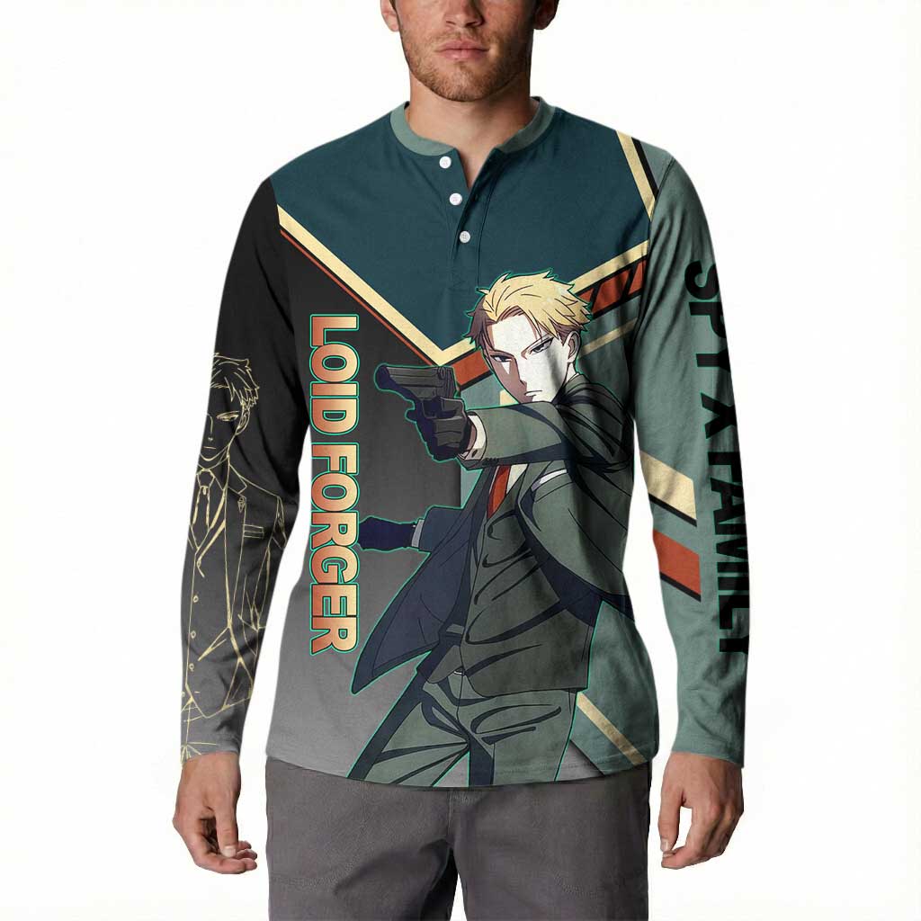 Loid Forger Spy x Family Green and Black Theme Button Sweatshirt with Gun Pose and Sharp Agent Style Design - The Mazicc