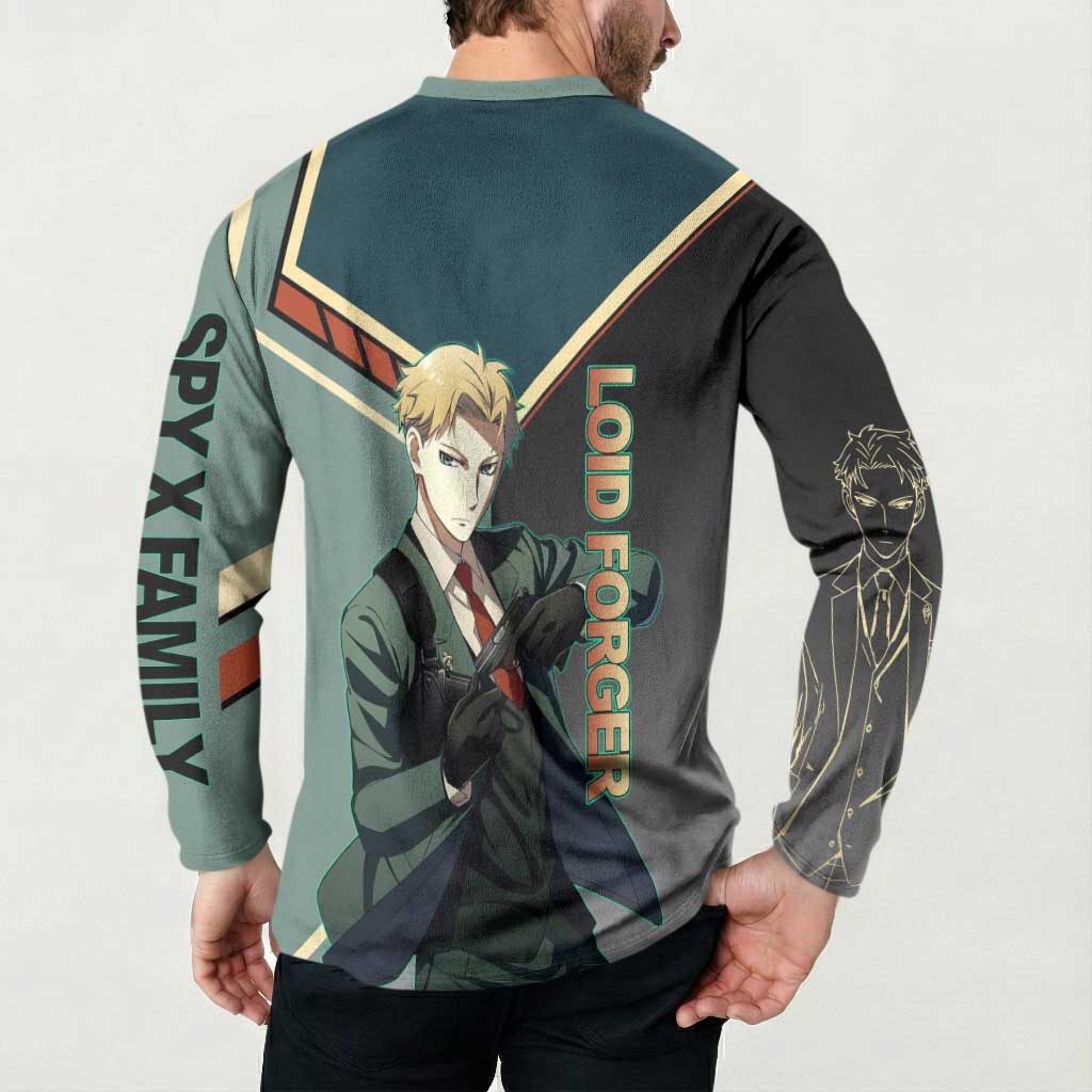 Loid Forger Spy x Family Green and Black Theme Button Sweatshirt with Gun Pose and Sharp Agent Style Design - The Mazicc
