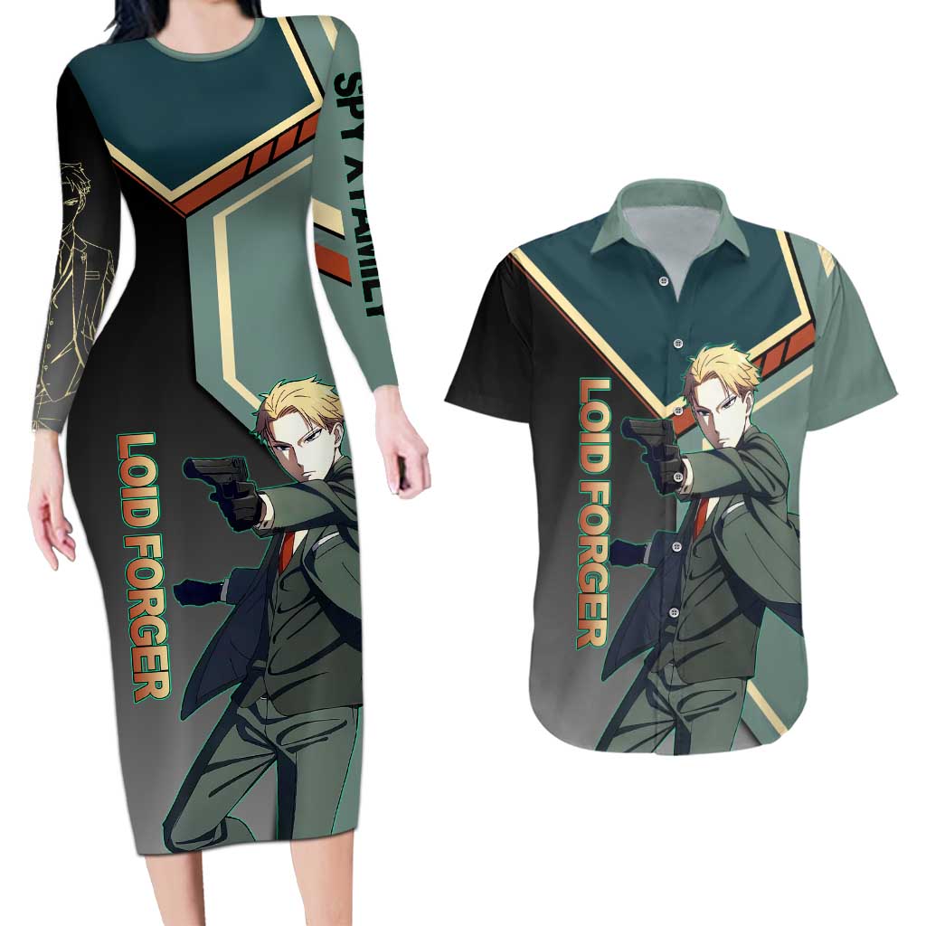 Loid Forger Spy x Family Green and Black Theme Couples Matching Long Sleeve Bodycon Dress and Hawaiian Shirt with Gun Pose and Sharp Agent Style Design - The Mazicc