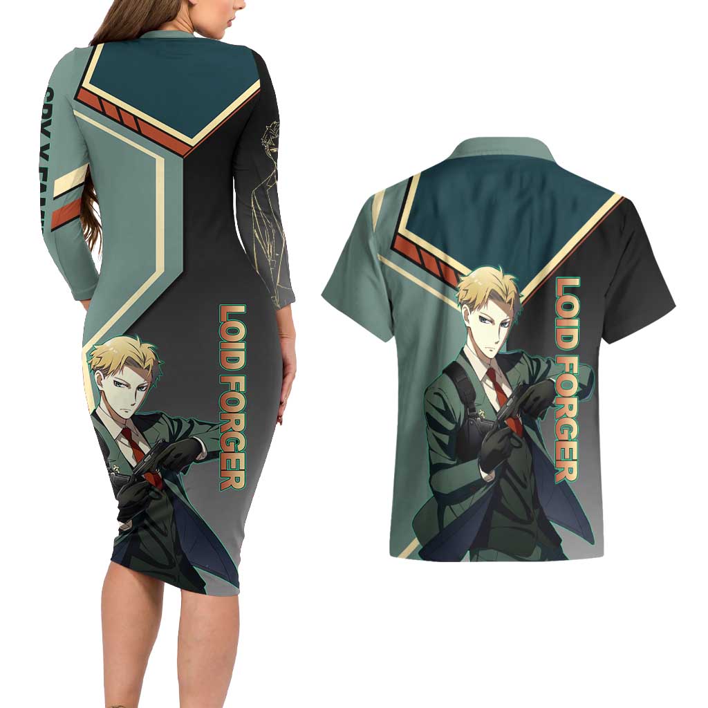 Loid Forger Spy x Family Green and Black Theme Couples Matching Long Sleeve Bodycon Dress and Hawaiian Shirt with Gun Pose and Sharp Agent Style Design - The Mazicc