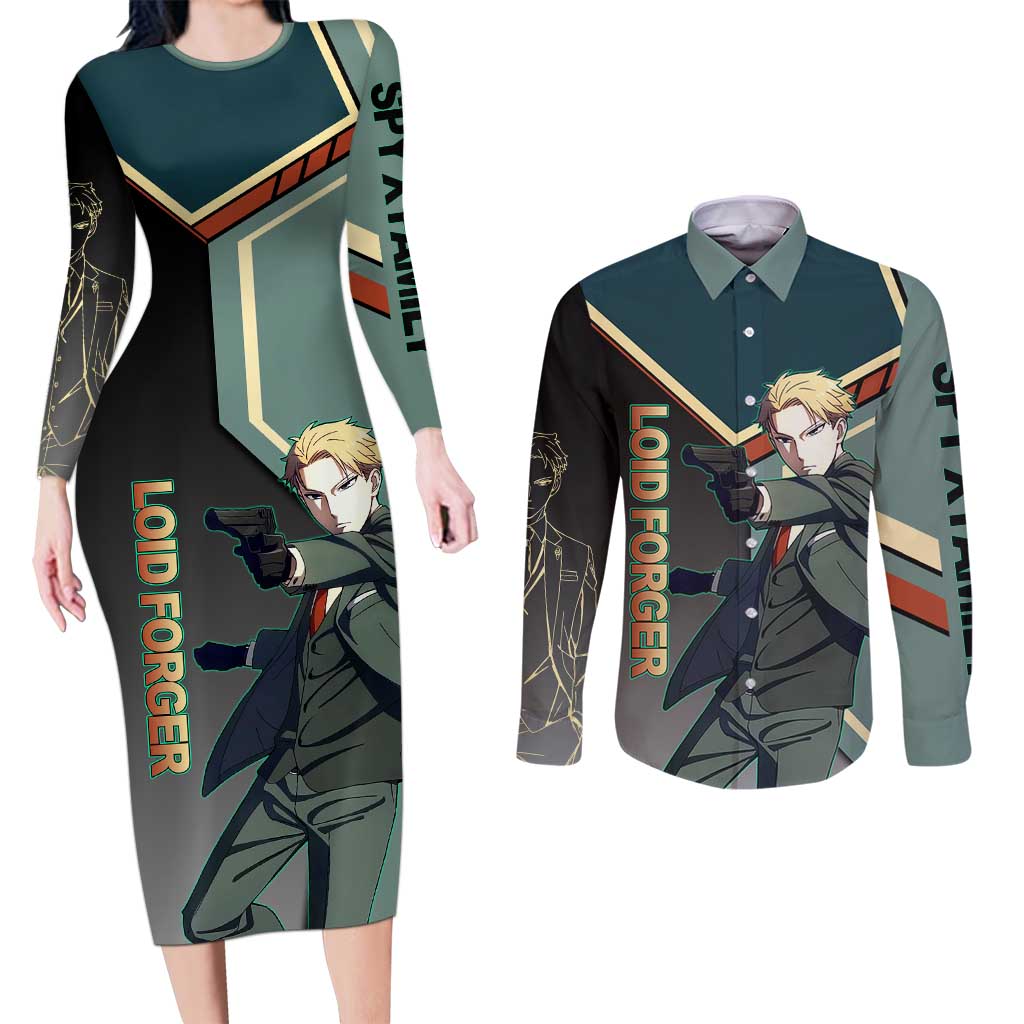 Loid Forger Spy x Family Green and Black Theme Couples Matching Long Sleeve Bodycon Dress and Long Sleeve Button Shirt with Gun Pose and Sharp Agent Style Design - The Mazicc