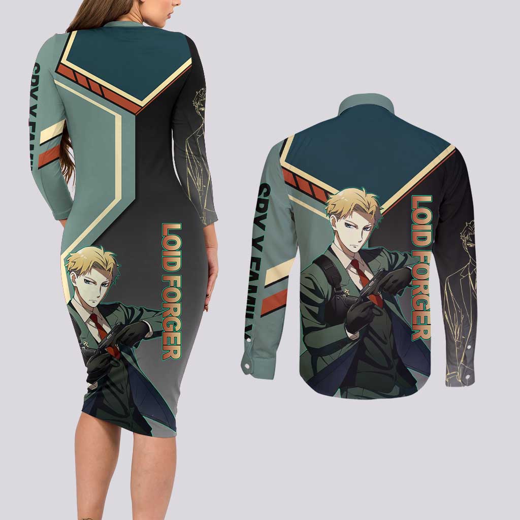 Loid Forger Spy x Family Green and Black Theme Couples Matching Long Sleeve Bodycon Dress and Long Sleeve Button Shirt with Gun Pose and Sharp Agent Style Design - The Mazicc
