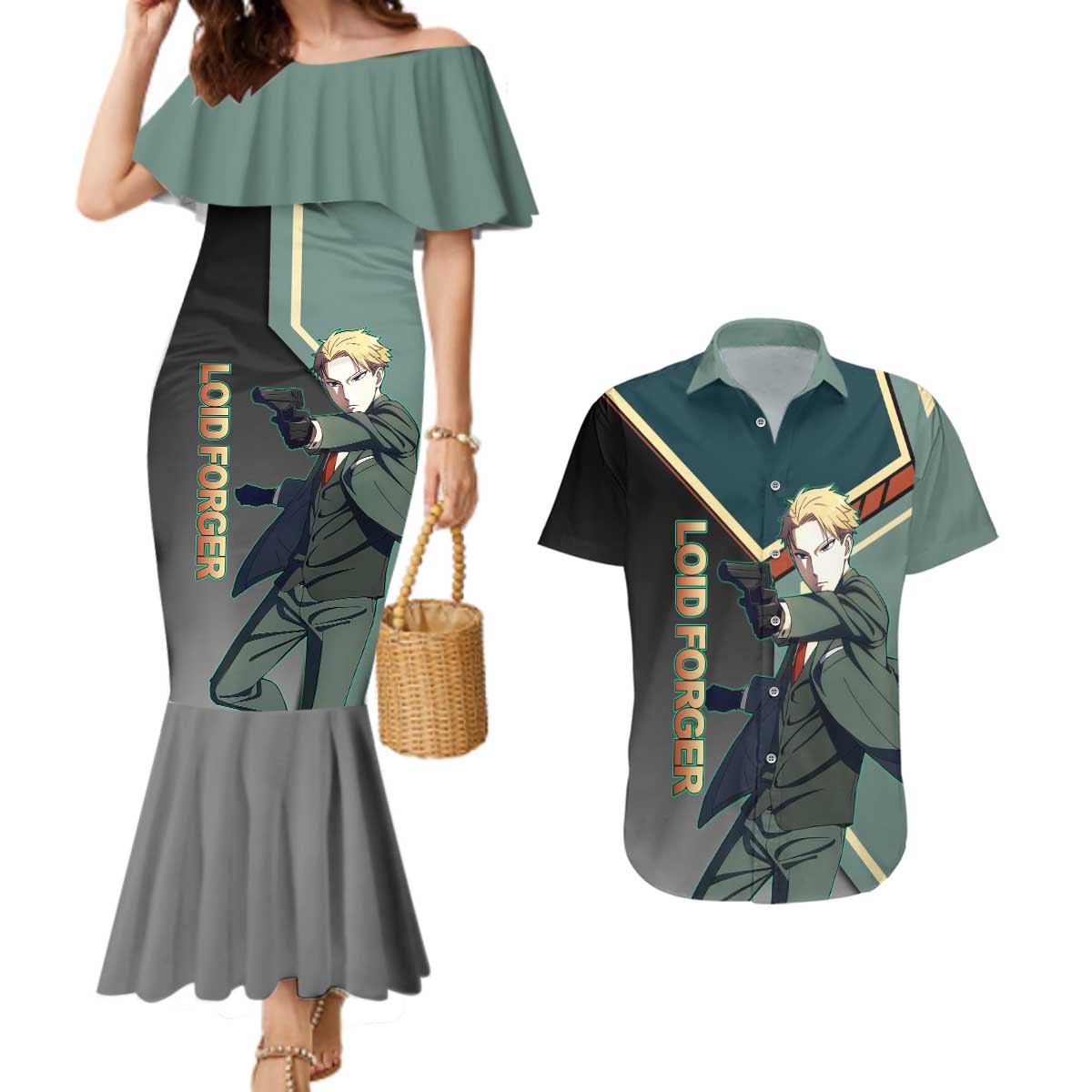 Loid Forger Spy x Family Green and Black Theme Couples Matching Mermaid Dress and Hawaiian Shirt with Gun Pose and Sharp Agent Style Design - The Mazicc