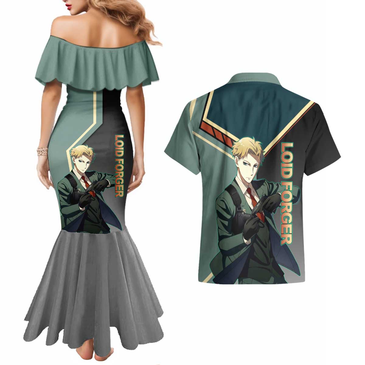 Loid Forger Spy x Family Green and Black Theme Couples Matching Mermaid Dress and Hawaiian Shirt with Gun Pose and Sharp Agent Style Design - The Mazicc