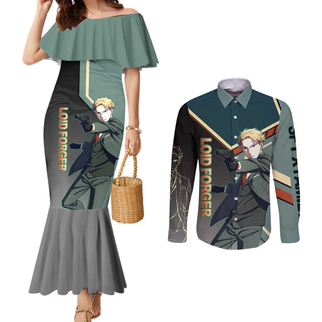 Loid Forger Spy x Family Green and Black Theme Couples Matching Mermaid Dress and Long Sleeve Button Shirt with Gun Pose and Sharp Agent Style Design - The Mazicc