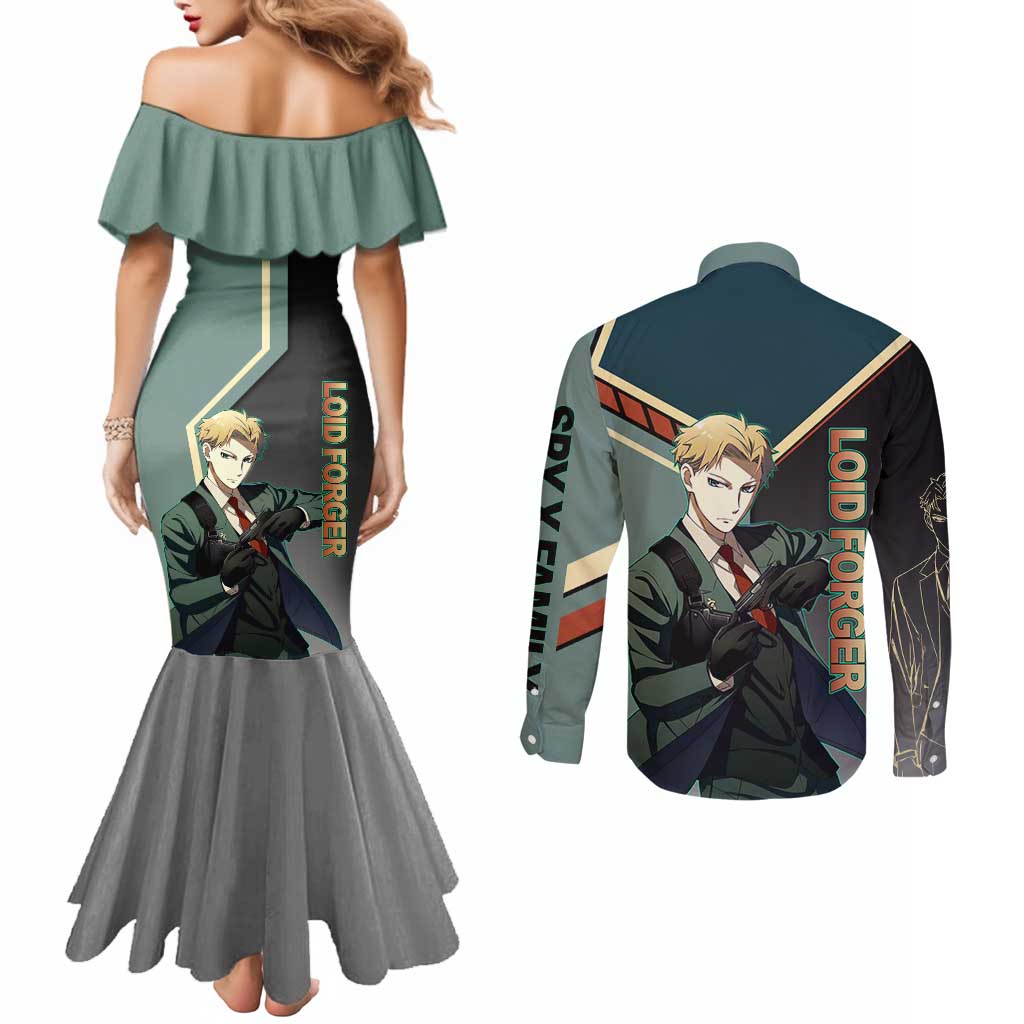 Loid Forger Spy x Family Green and Black Theme Couples Matching Mermaid Dress and Long Sleeve Button Shirt with Gun Pose and Sharp Agent Style Design - The Mazicc