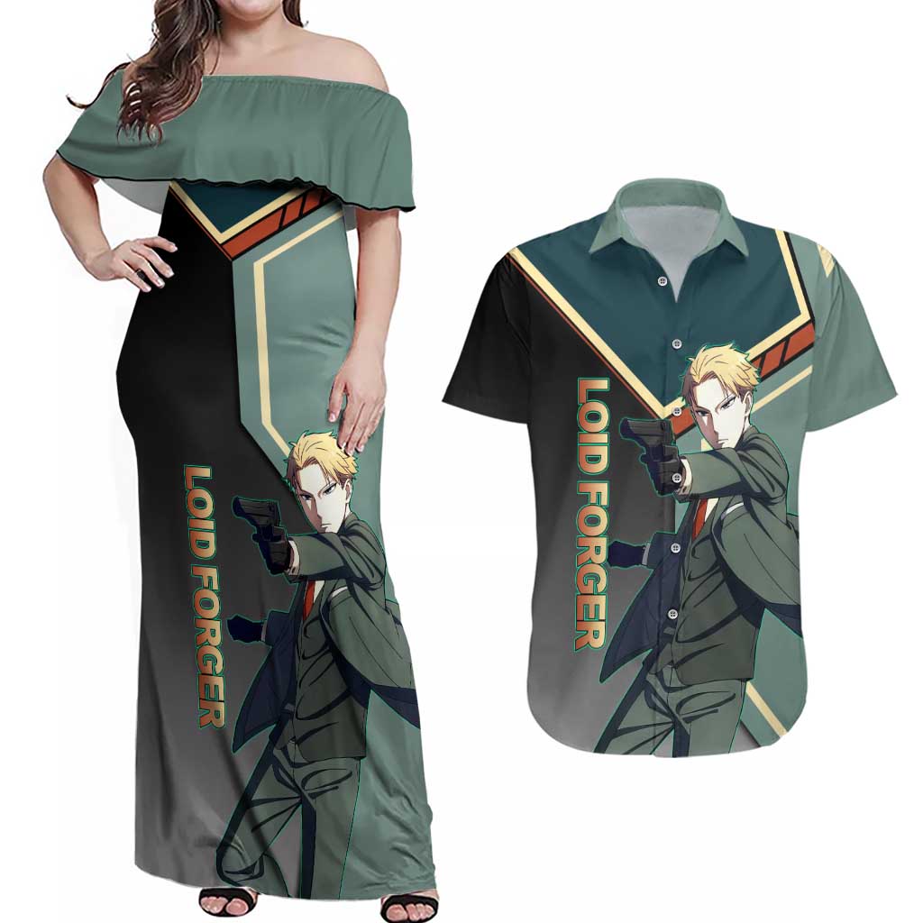 Loid Forger Spy x Family Green and Black Theme Couples Matching Off Shoulder Maxi Dress and Hawaiian Shirt with Gun Pose and Sharp Agent Style Design - The Mazicc