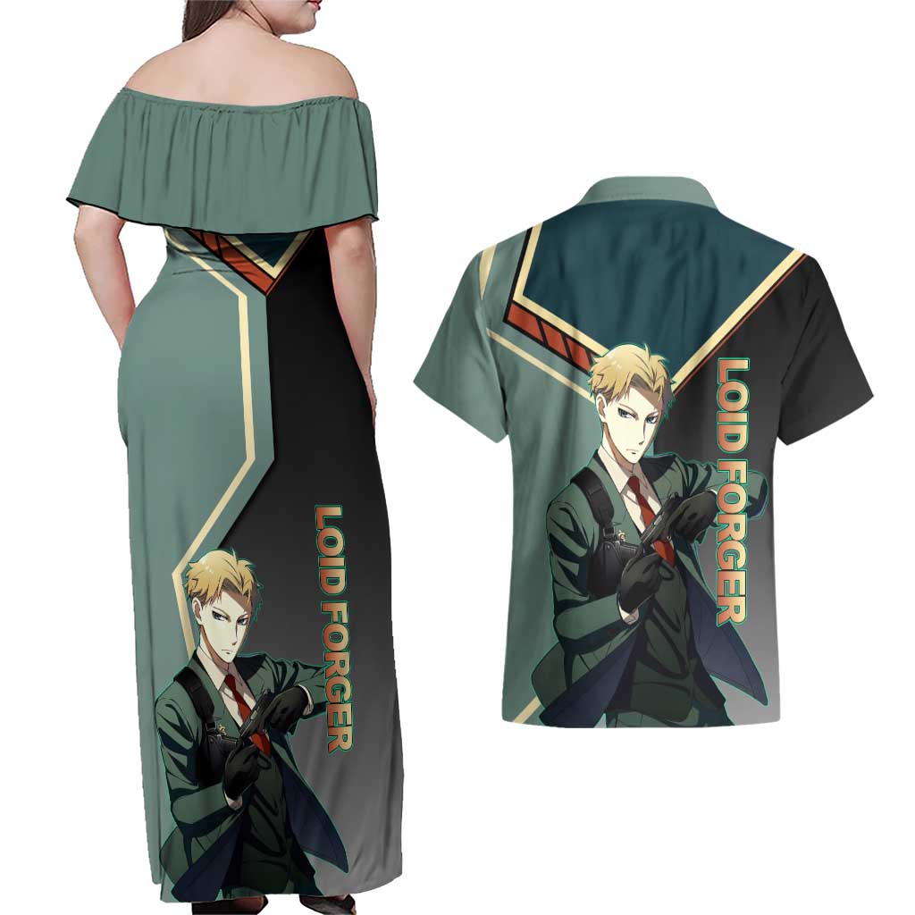 Loid Forger Spy x Family Green and Black Theme Couples Matching Off Shoulder Maxi Dress and Hawaiian Shirt with Gun Pose and Sharp Agent Style Design - The Mazicc