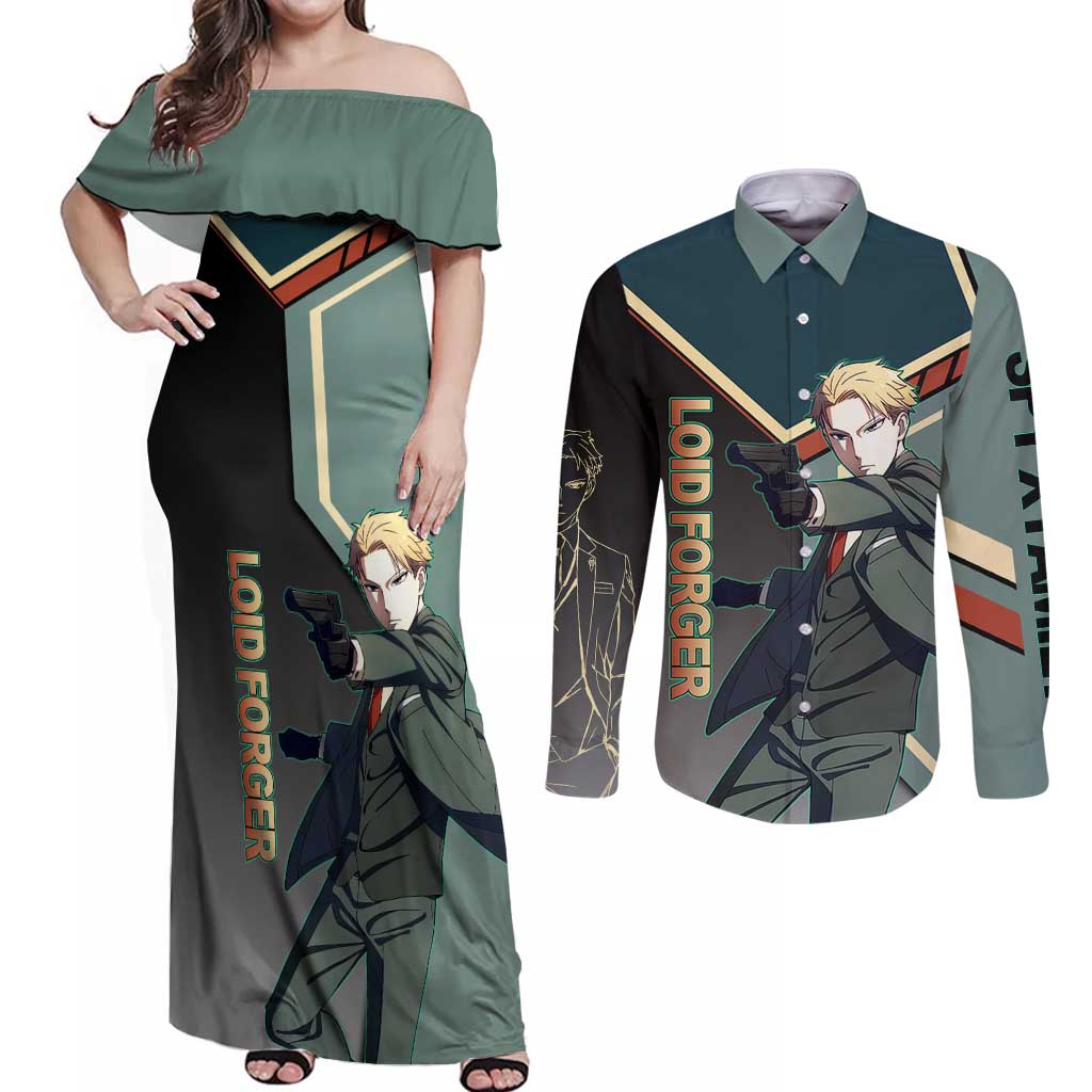 Loid Forger Spy x Family Green and Black Theme Couples Matching Off Shoulder Maxi Dress and Long Sleeve Button Shirt with Gun Pose and Sharp Agent Style Design - The Mazicc