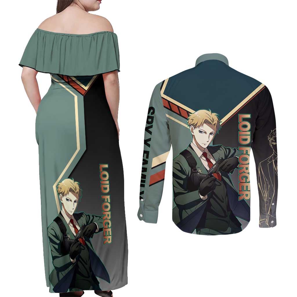 Loid Forger Spy x Family Green and Black Theme Couples Matching Off Shoulder Maxi Dress and Long Sleeve Button Shirt with Gun Pose and Sharp Agent Style Design - The Mazicc