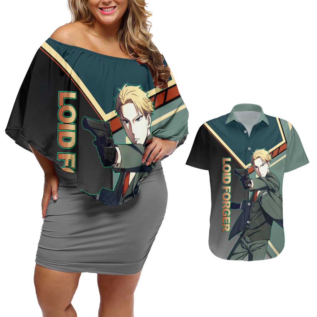 Loid Forger Spy x Family Green and Black Theme Couples Matching Off Shoulder Short Dress and Hawaiian Shirt with Gun Pose and Sharp Agent Style Design - The Mazicc
