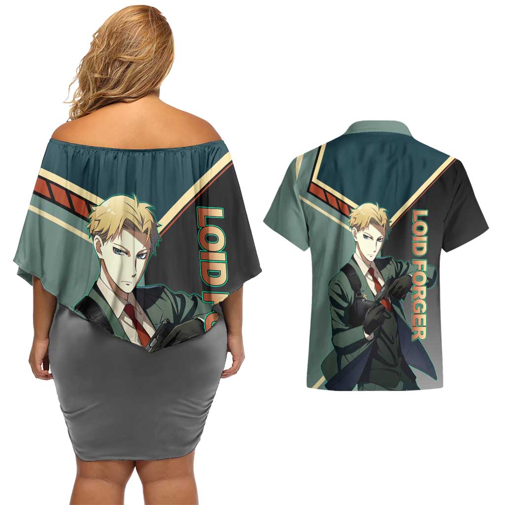 Loid Forger Spy x Family Green and Black Theme Couples Matching Off Shoulder Short Dress and Hawaiian Shirt with Gun Pose and Sharp Agent Style Design - The Mazicc