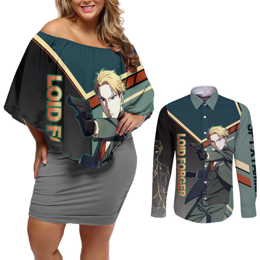 Loid Forger Spy x Family Green and Black Theme Couples Matching Off Shoulder Short Dress and Long Sleeve Button Shirt with Gun Pose and Sharp Agent Style Design - The Mazicc