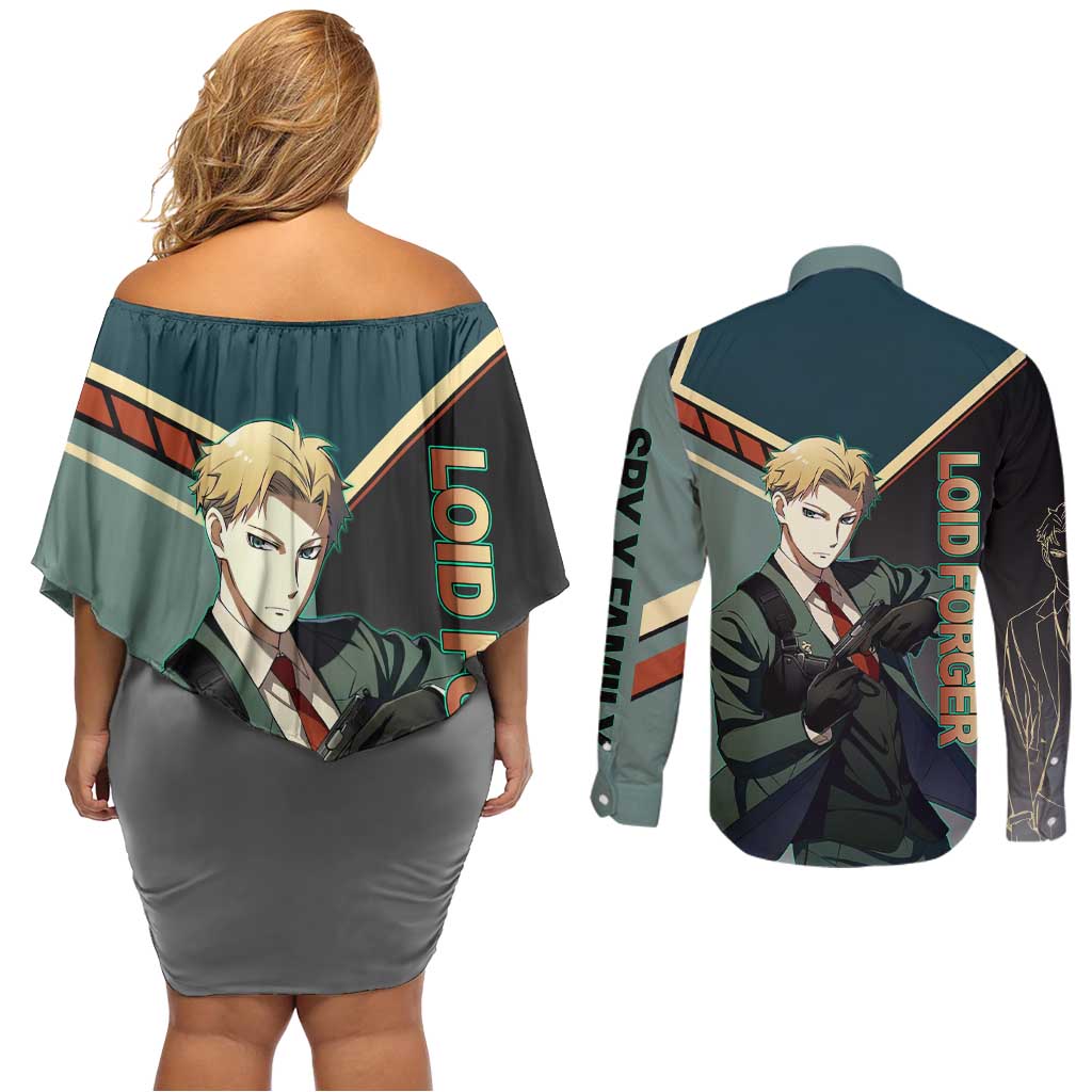 Loid Forger Spy x Family Green and Black Theme Couples Matching Off Shoulder Short Dress and Long Sleeve Button Shirt with Gun Pose and Sharp Agent Style Design - The Mazicc