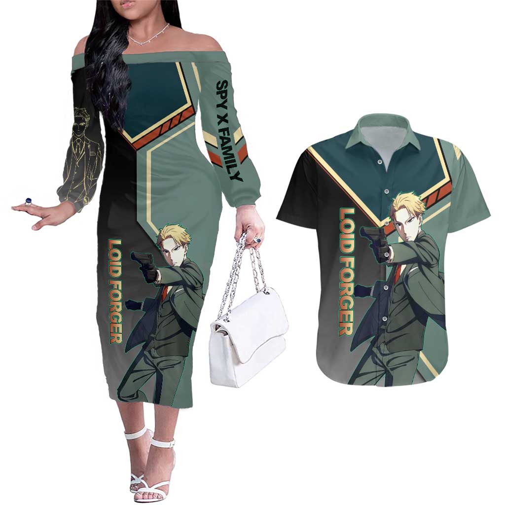 Loid Forger Spy x Family Green and Black Theme Couples Matching Off The Shoulder Long Sleeve Dress and Hawaiian Shirt with Gun Pose and Sharp Agent Style Design - The Mazicc
