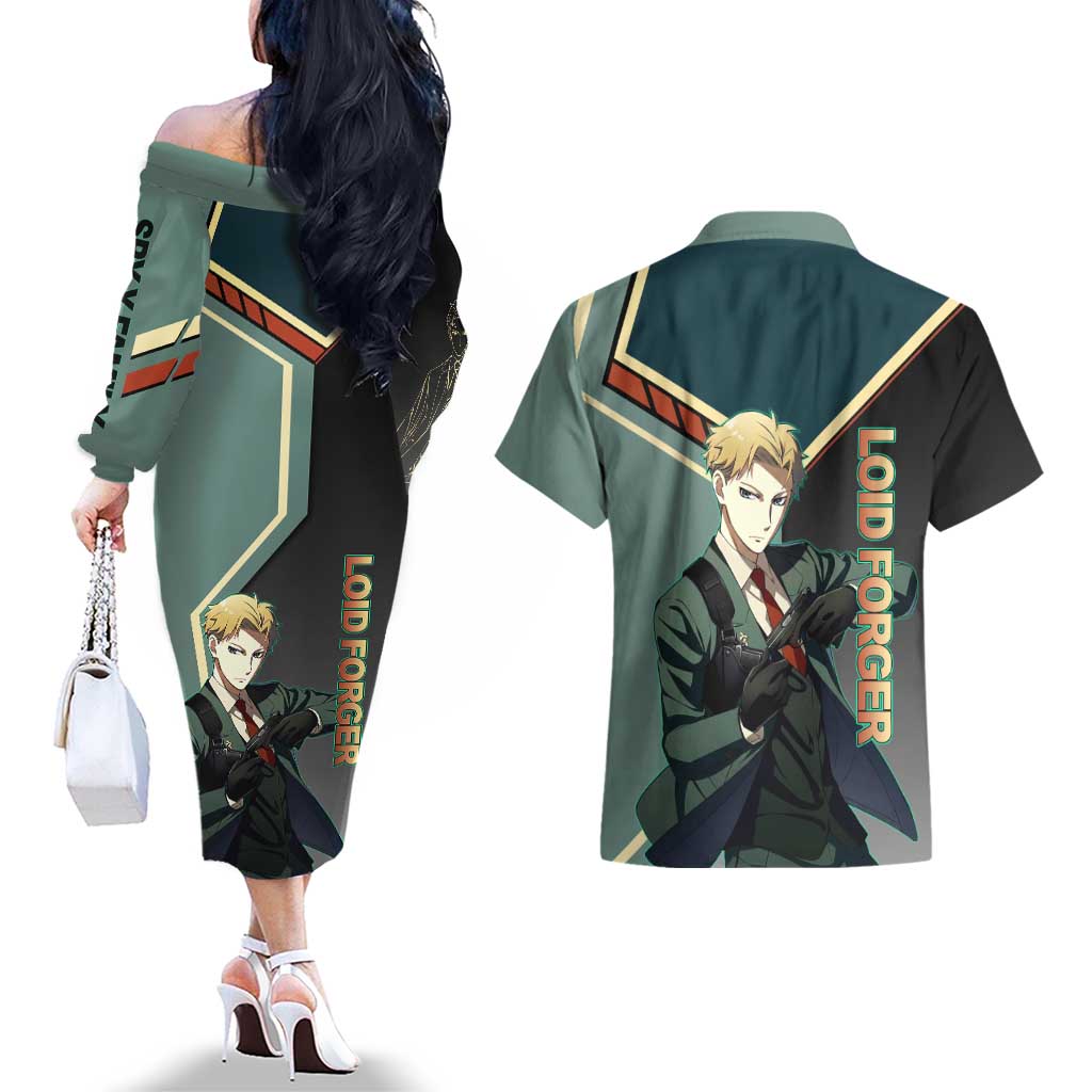 Loid Forger Spy x Family Green and Black Theme Couples Matching Off The Shoulder Long Sleeve Dress and Hawaiian Shirt with Gun Pose and Sharp Agent Style Design - The Mazicc
