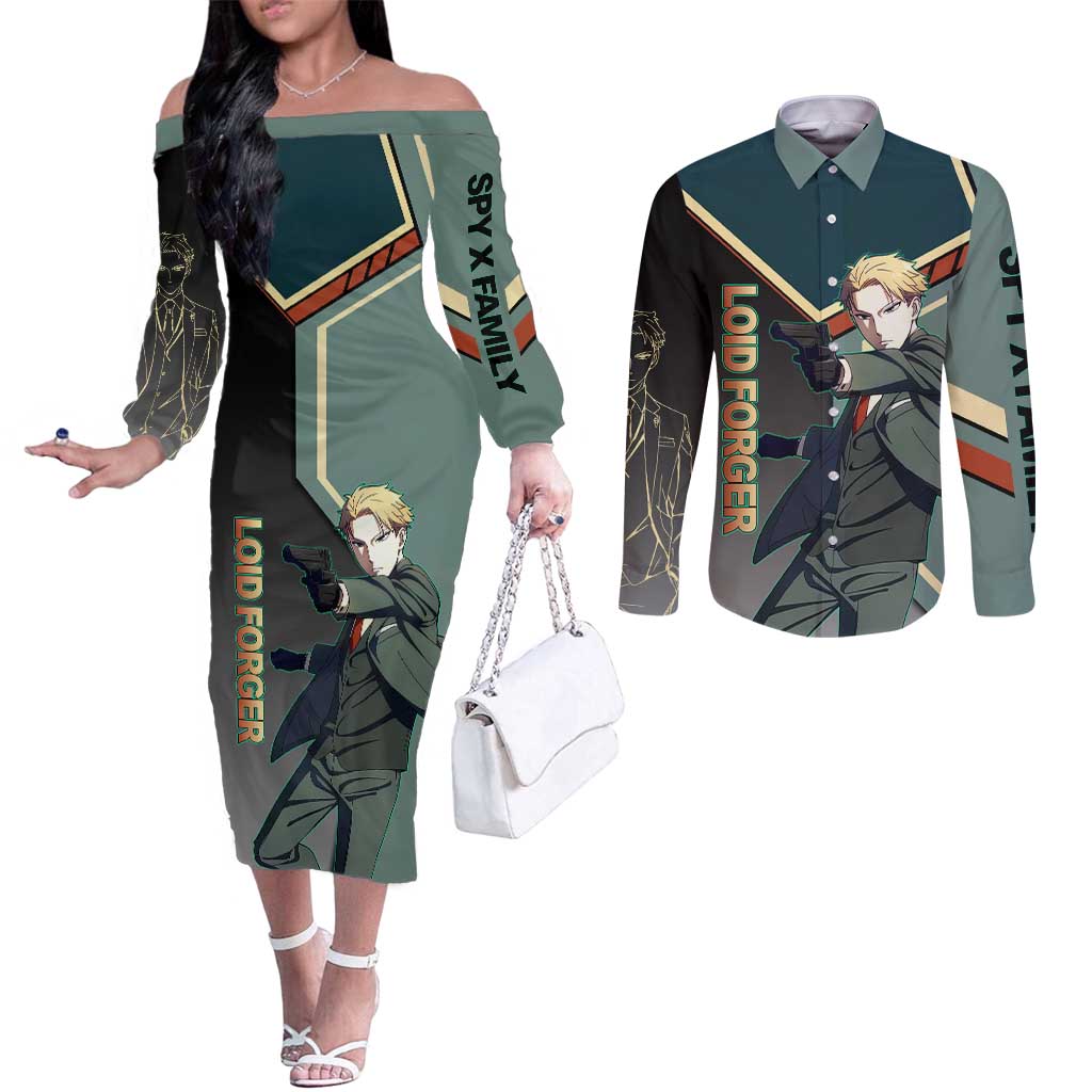 Loid Forger Spy x Family Green and Black Theme Couples Matching Off The Shoulder Long Sleeve Dress and Long Sleeve Button Shirt with Gun Pose and Sharp Agent Style Design - The Mazicc
