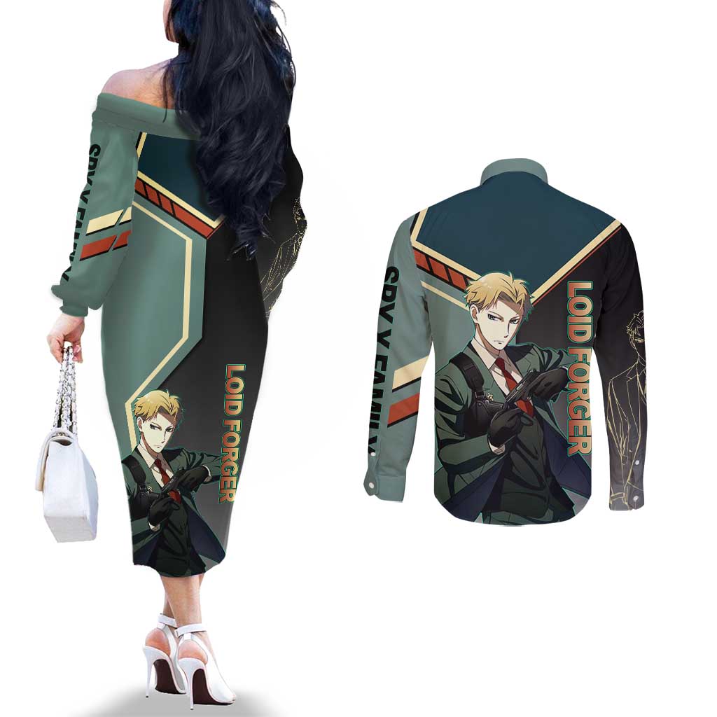 Loid Forger Spy x Family Green and Black Theme Couples Matching Off The Shoulder Long Sleeve Dress and Long Sleeve Button Shirt with Gun Pose and Sharp Agent Style Design - The Mazicc