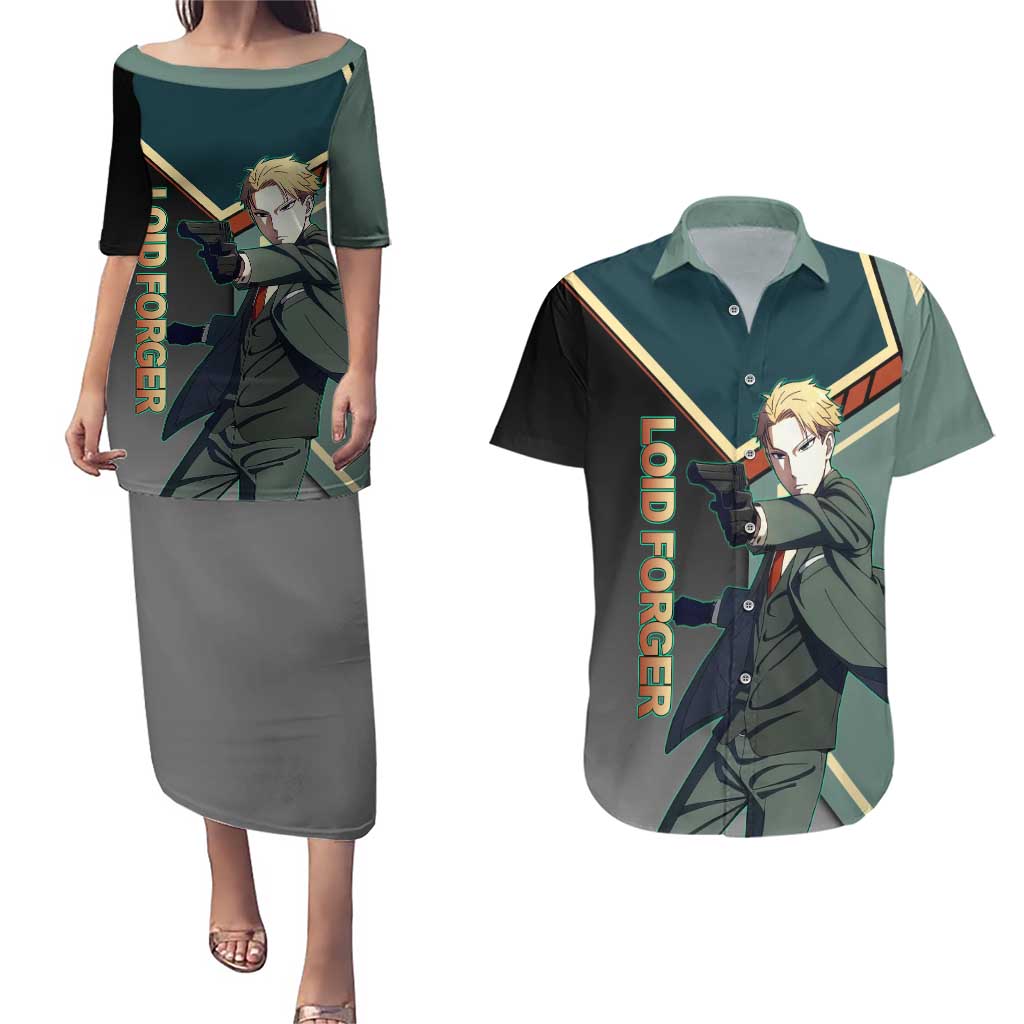 Loid Forger Spy x Family Green and Black Theme Couples Matching Puletasi and Hawaiian Shirt with Gun Pose and Sharp Agent Style Design - The Mazicc
