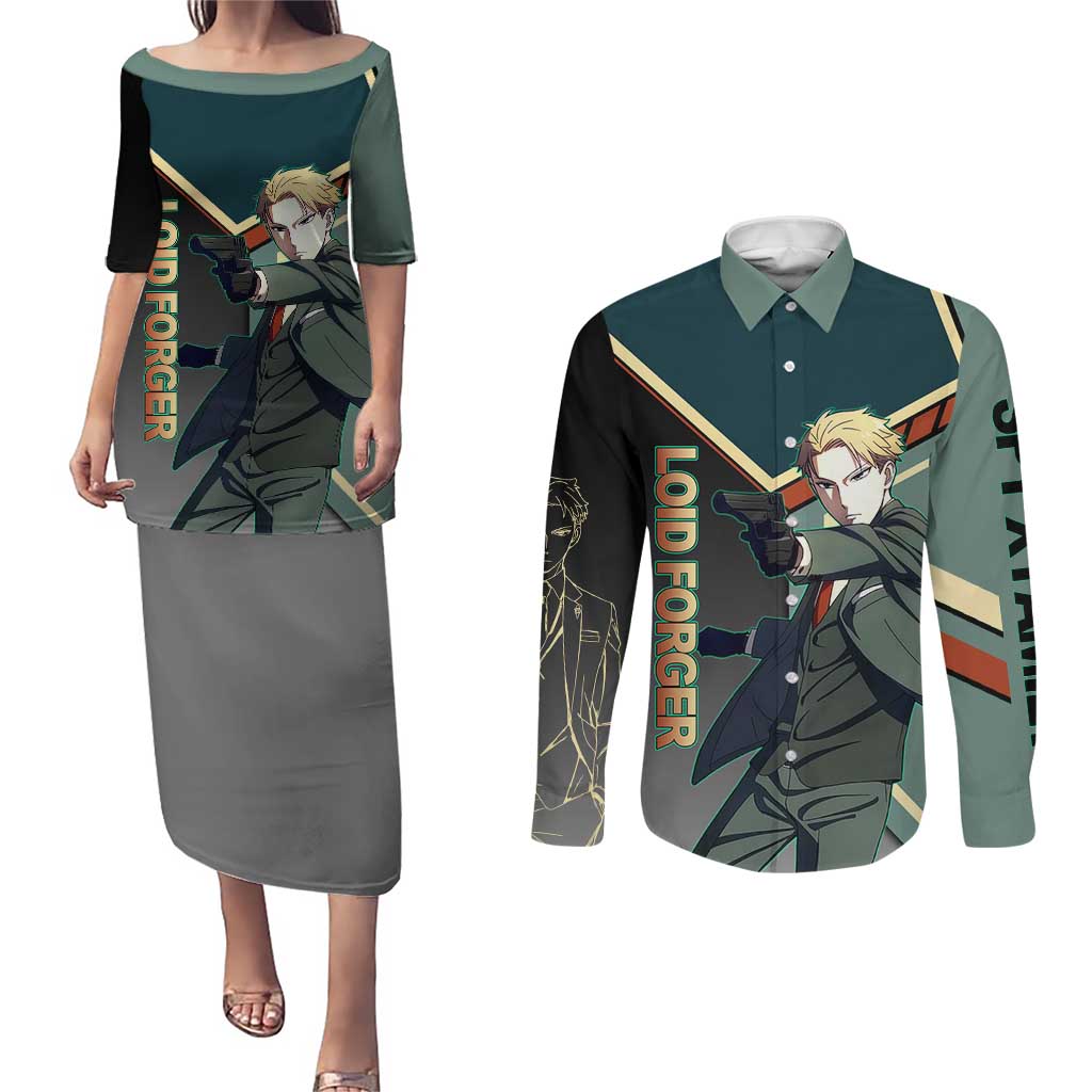 Loid Forger Spy x Family Green and Black Theme Couples Matching Puletasi and Long Sleeve Button Shirt with Gun Pose and Sharp Agent Style Design - The Mazicc