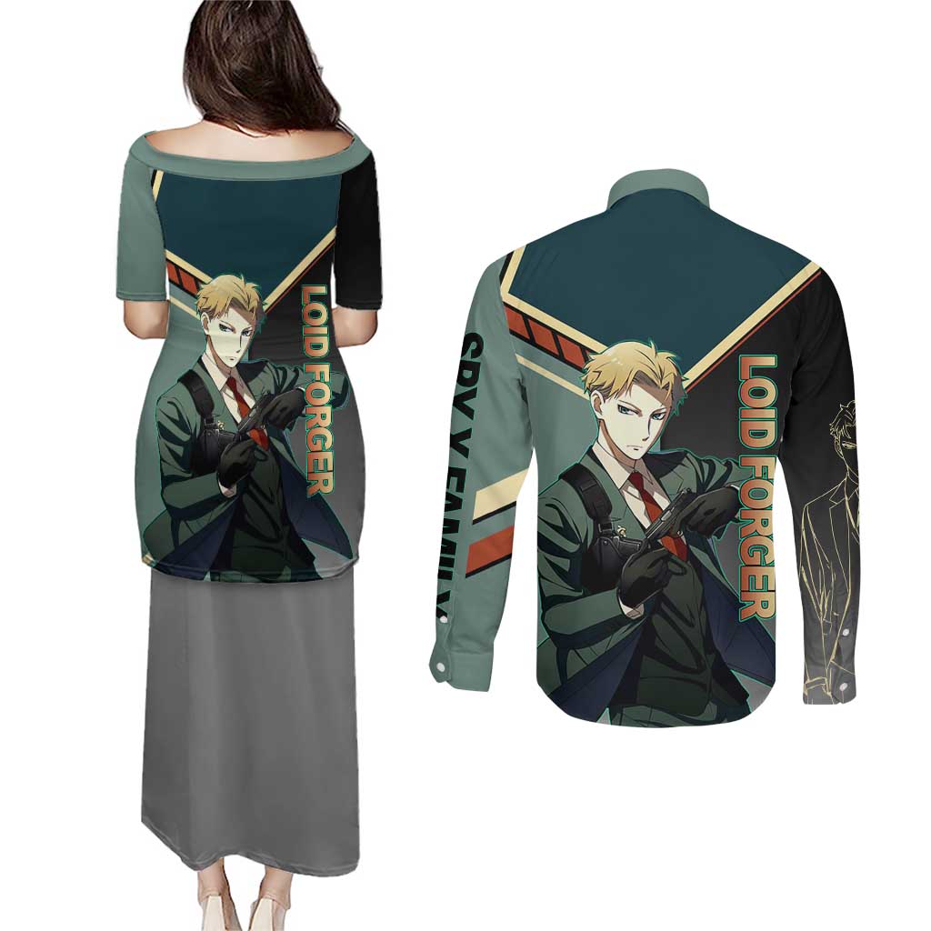 Loid Forger Spy x Family Green and Black Theme Couples Matching Puletasi and Long Sleeve Button Shirt with Gun Pose and Sharp Agent Style Design - The Mazicc