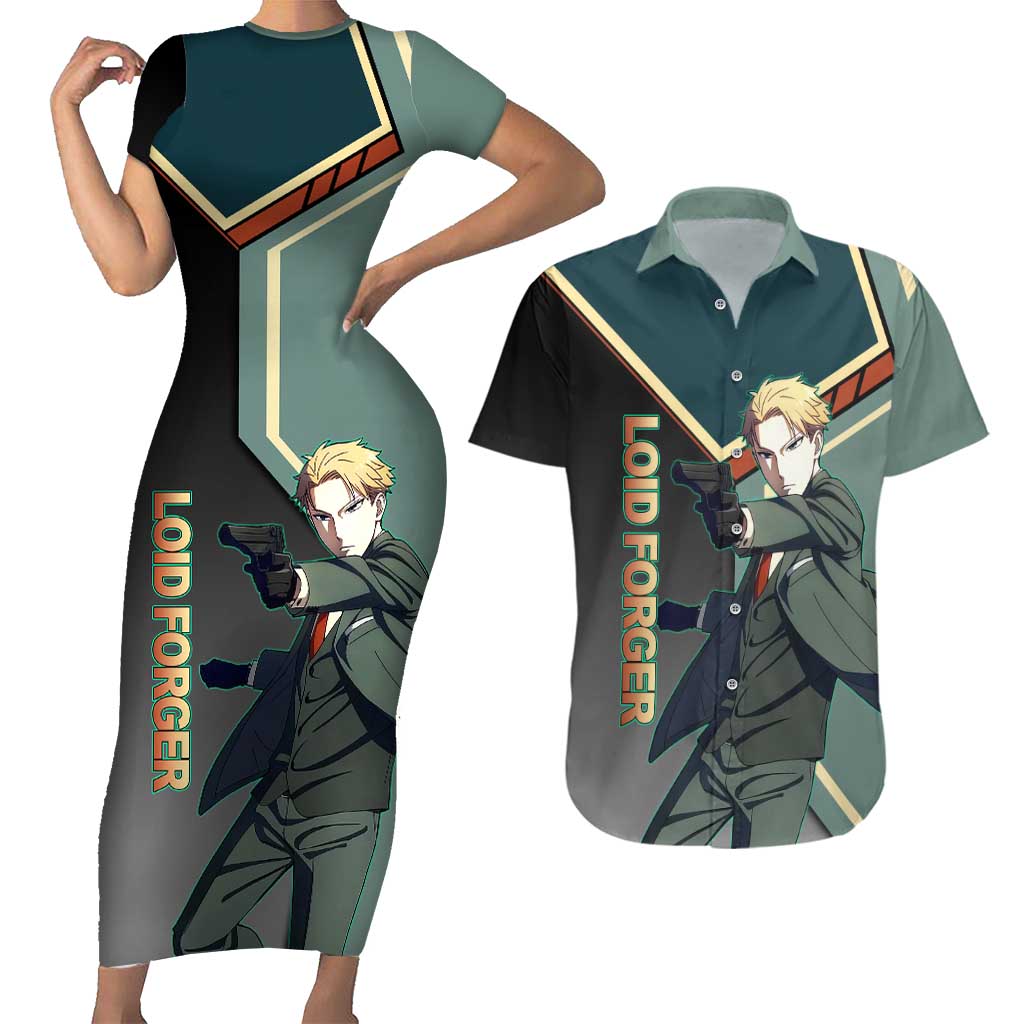 Loid Forger Spy x Family Green and Black Theme Couples Matching Short Sleeve Bodycon Dress and Hawaiian Shirt with Gun Pose and Sharp Agent Style Design - The Mazicc