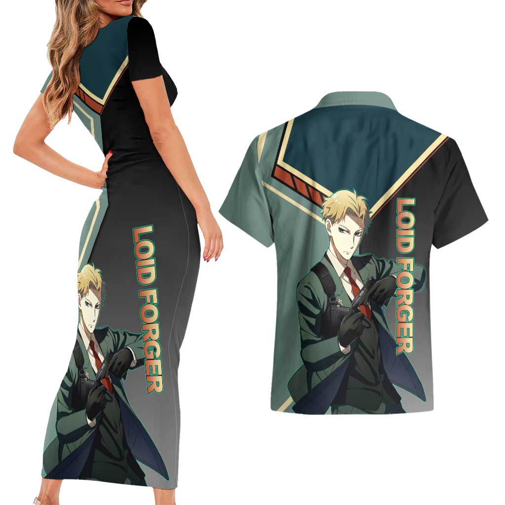 Loid Forger Spy x Family Green and Black Theme Couples Matching Short Sleeve Bodycon Dress and Hawaiian Shirt with Gun Pose and Sharp Agent Style Design - The Mazicc
