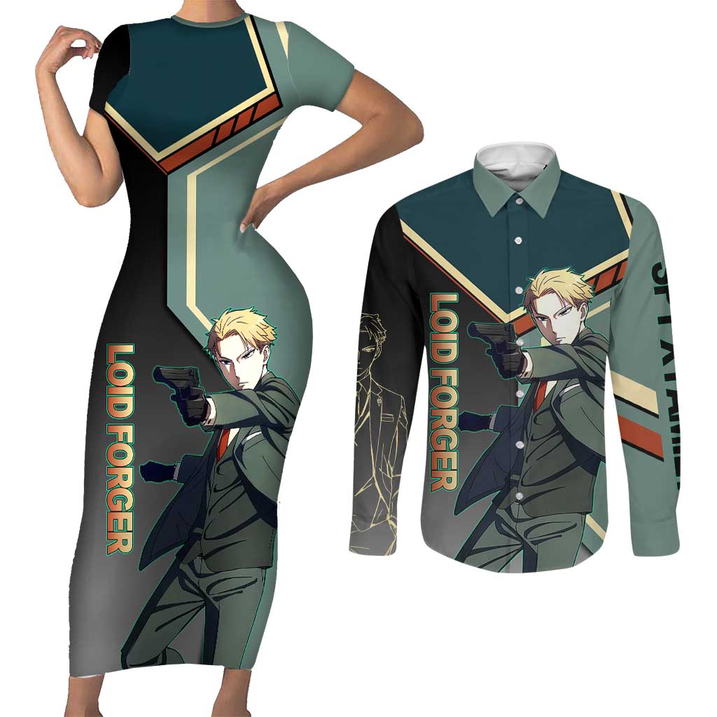 Loid Forger Spy x Family Green and Black Theme Couples Matching Short Sleeve Bodycon Dress and Long Sleeve Button Shirt with Gun Pose and Sharp Agent Style Design - The Mazicc