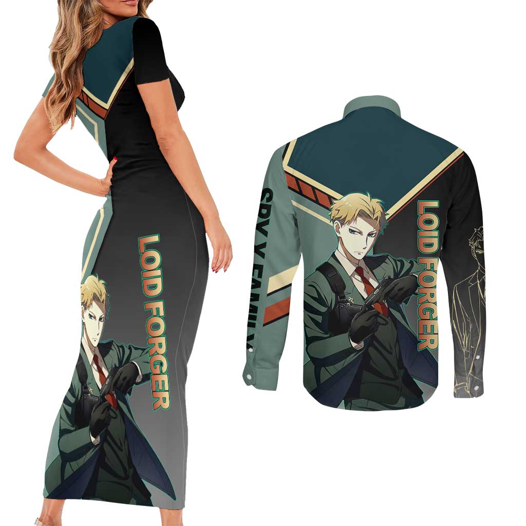 Loid Forger Spy x Family Green and Black Theme Couples Matching Short Sleeve Bodycon Dress and Long Sleeve Button Shirt with Gun Pose and Sharp Agent Style Design - The Mazicc