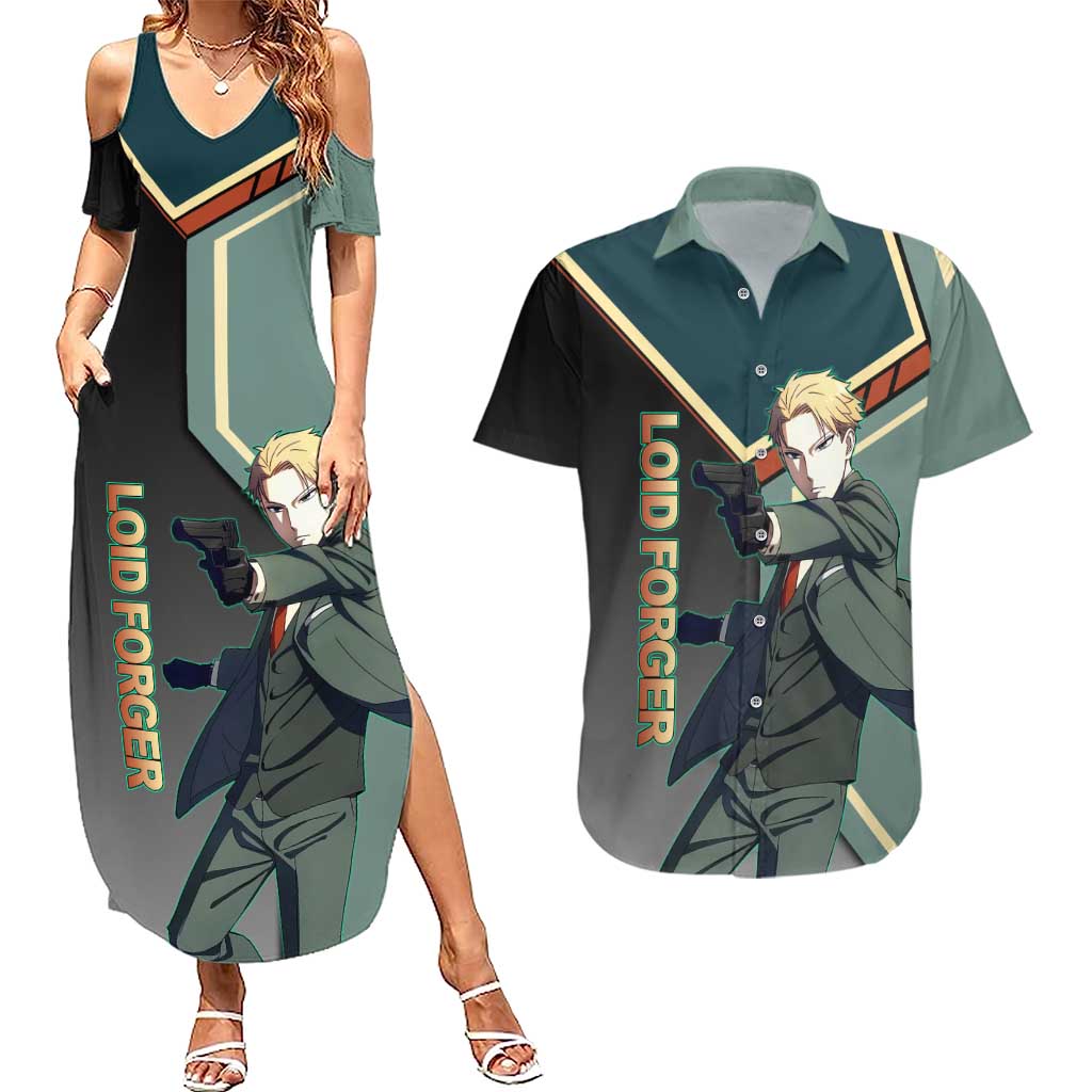Loid Forger Spy x Family Green and Black Theme Couples Matching Summer Maxi Dress and Hawaiian Shirt with Gun Pose and Sharp Agent Style Design - The Mazicc
