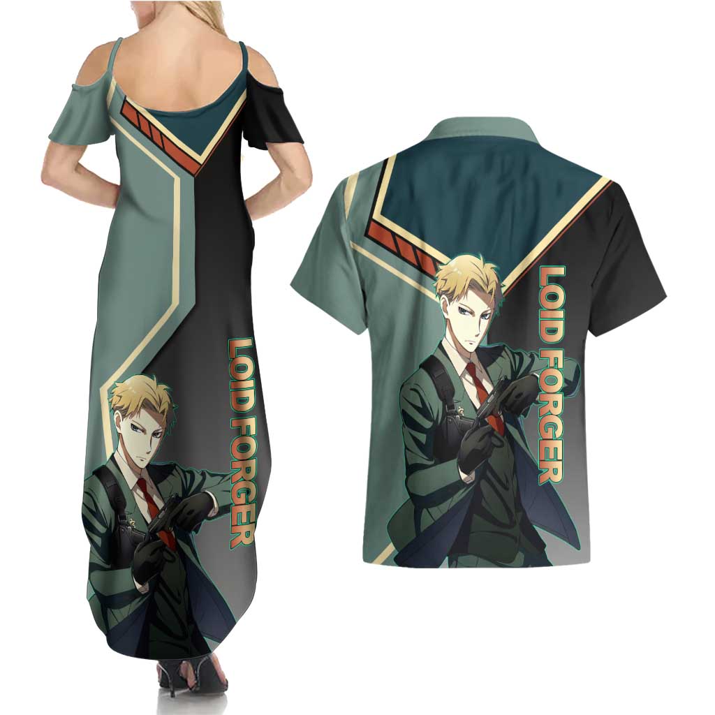 Loid Forger Spy x Family Green and Black Theme Couples Matching Summer Maxi Dress and Hawaiian Shirt with Gun Pose and Sharp Agent Style Design - The Mazicc