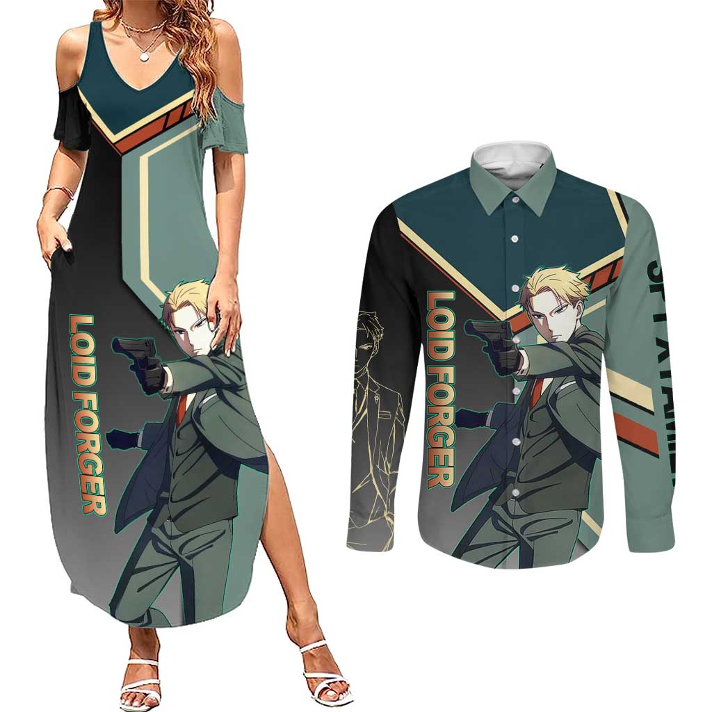 Loid Forger Spy x Family Green and Black Theme Couples Matching Summer Maxi Dress and Long Sleeve Button Shirt with Gun Pose and Sharp Agent Style Design - The Mazicc