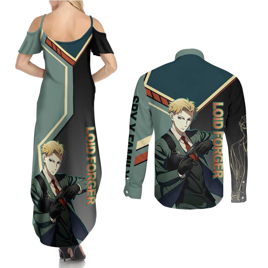 Loid Forger Spy x Family Green and Black Theme Couples Matching Summer Maxi Dress and Long Sleeve Button Shirt with Gun Pose and Sharp Agent Style Design - The Mazicc